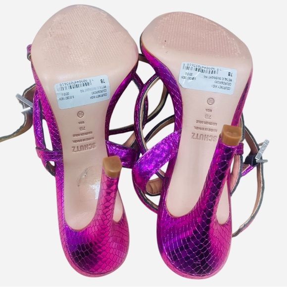 SCHUTZ Courtney High Couro Roxo Metallic Violet Embossed Sandals Shoes 7B - Picture 6 of 15